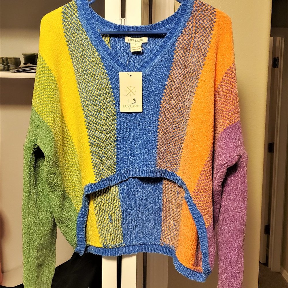 Luv Lane Striped Rainbow Chenille Cropped Pullover